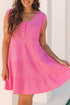 Bright Pink Waffle Textured Button Round Neck A-line Tiered Sleeveless Dress